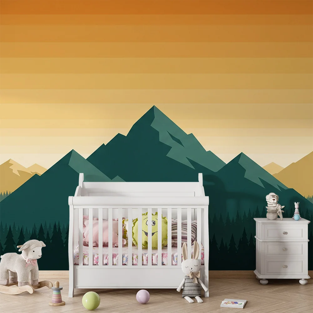 Papel de parede crianç | Majestosas montanhas e floresta verdejante ao pôr do sol