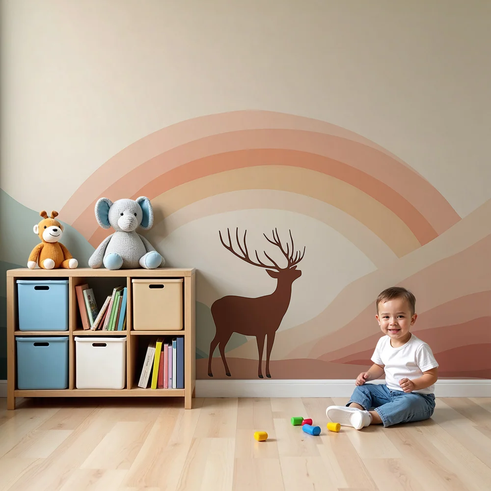 Papel de parede crianç | Majestoso veado sob um arco-íris pastel