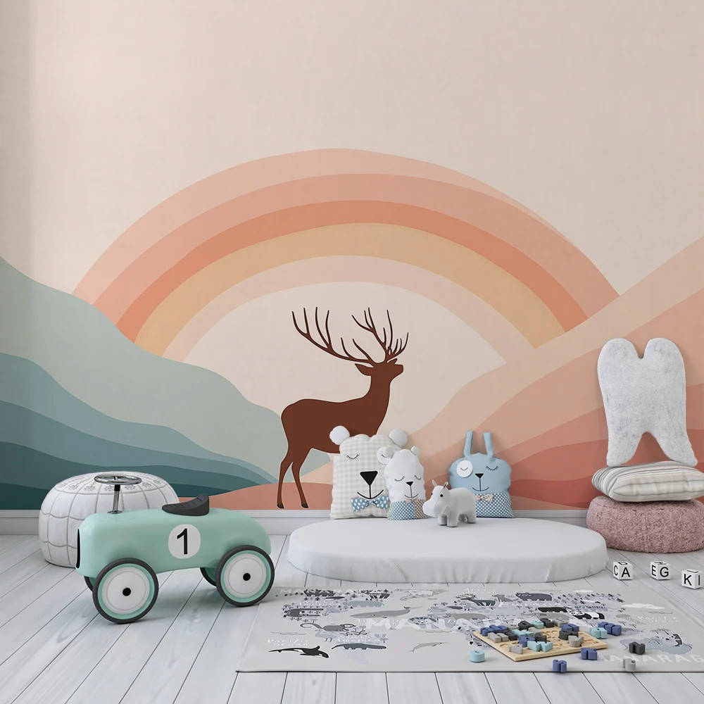 Papel de parede crianç | Majestoso veado sob um arco-íris pastel