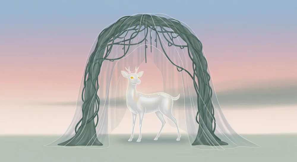 Papel de parede crianç | Majestoso veado sob um arco de vegetação delicada