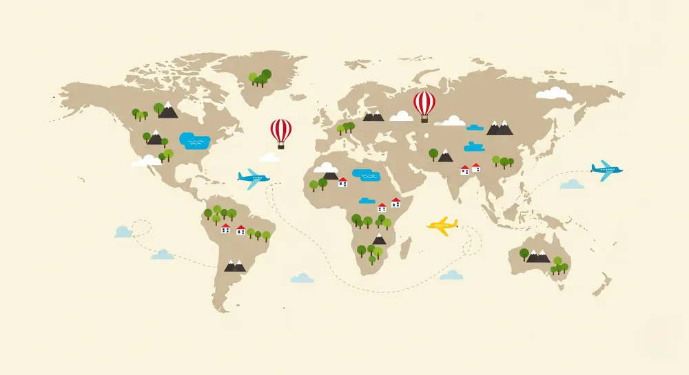 Papel de parede crianç | Mapa-múndi colorido com aviões e paisagens