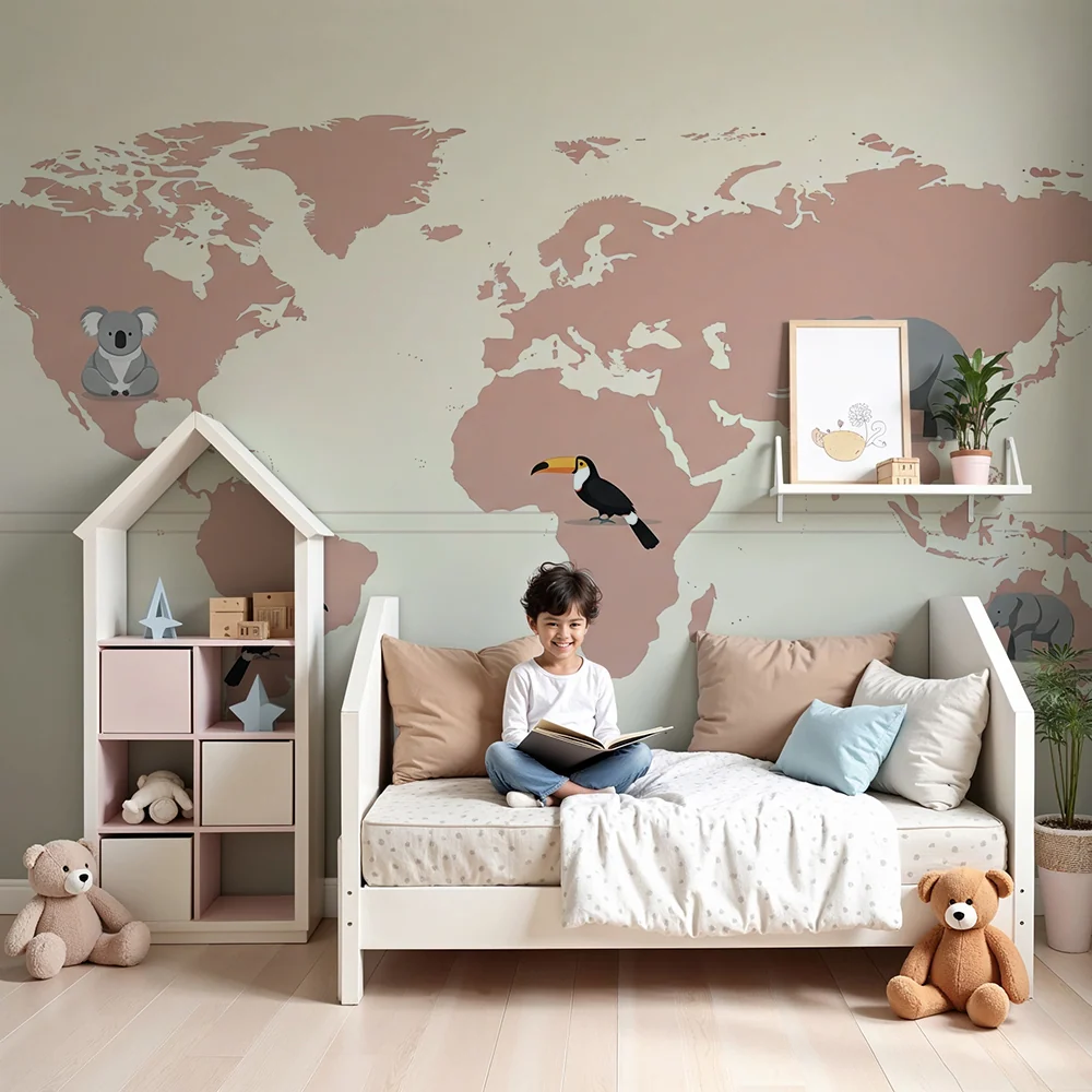 Papel de parede crianç | Mapa-múndi rosa pastel e bege com animais