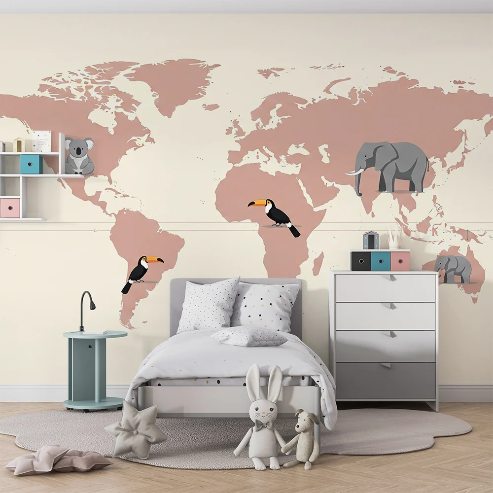 Papel de parede crianç | Mapa-múndi rosa pastel e bege com animais