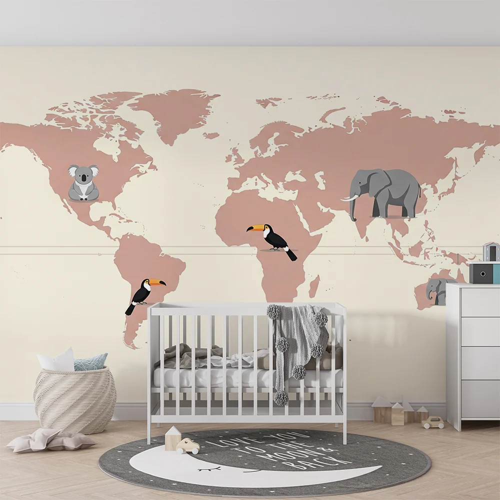 Papel de parede crianç | Mapa-múndi rosa pastel e bege com animais
