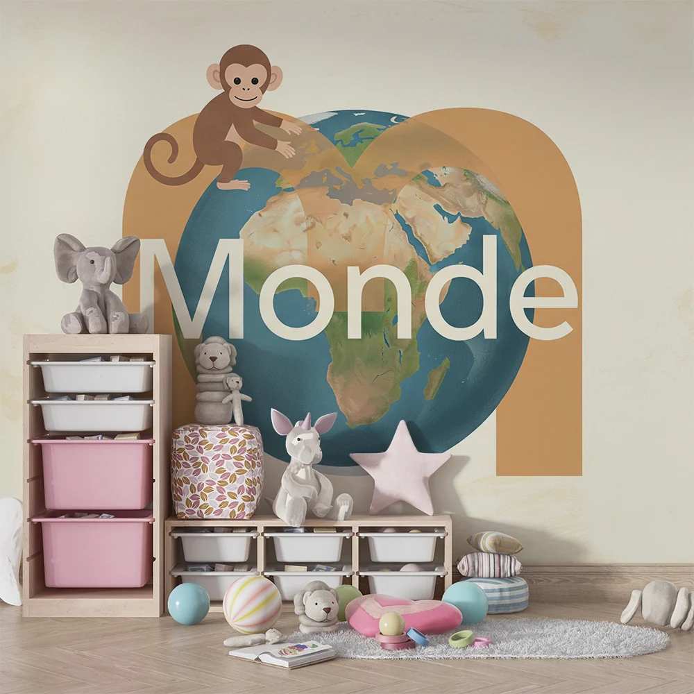 Papel de parede crianç | Meu pequeno macaco e o globo terrestre