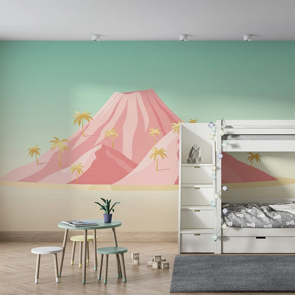Papel de parede crianç | Montanha rosa com palmeiras douradas em fundo pastel