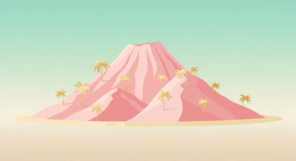 Papel de parede crianç | Montanha rosa com palmeiras douradas em fundo pastel