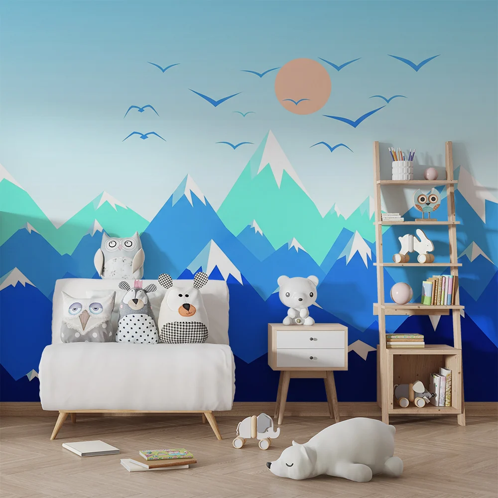 Papel de parede crianç | Montanhas estilizadas com céu azul e sol
