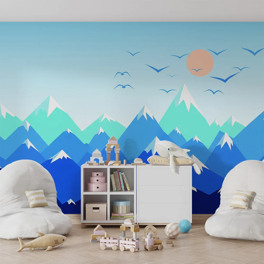 Papel de parede crianç | Montanhas estilizadas com céu azul e sol