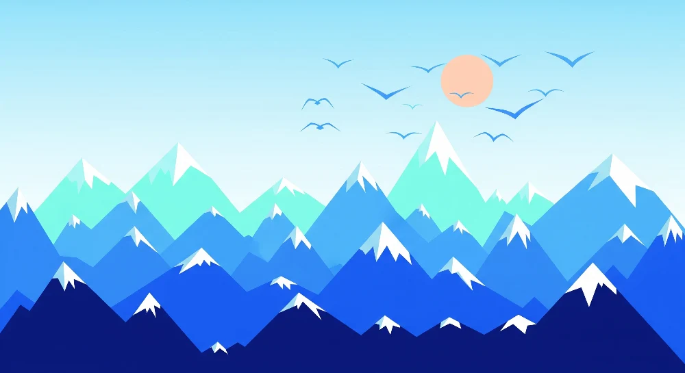 Papel de parede crianç | Montanhas estilizadas com céu azul e sol