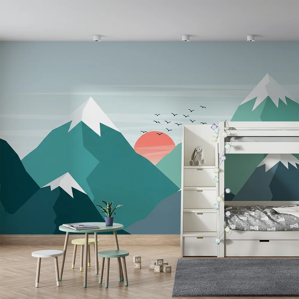 Papel de parede crianç | Montanhas estilizadas com pôr do sol e pássaros voando