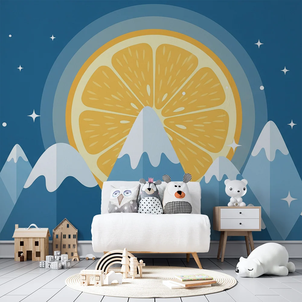 Papel de parede crianç | Montanhas estilizadas com um sol de limão