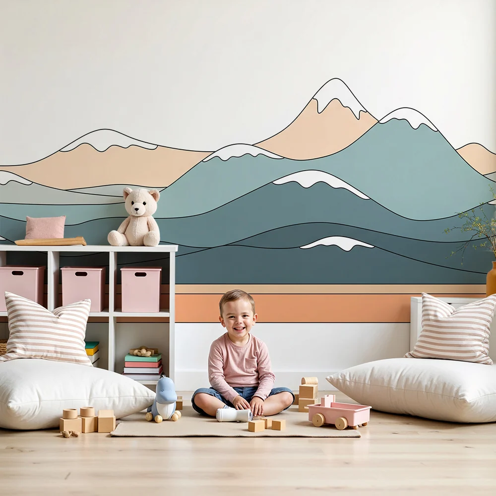 Papel de parede crianç | Montanhas estilizadas em tons suaves