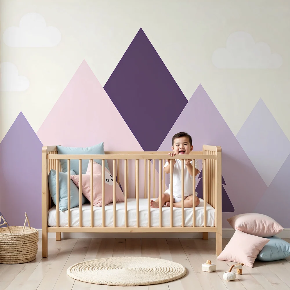 Papel de parede crianç | Montanhas pastel e pinheiros