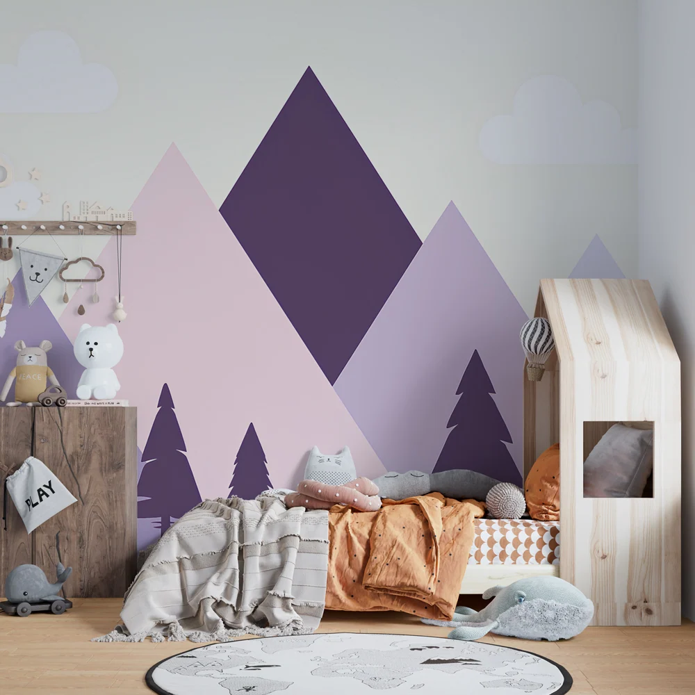 Papel de parede crianç | Montanhas pastel e pinheiros