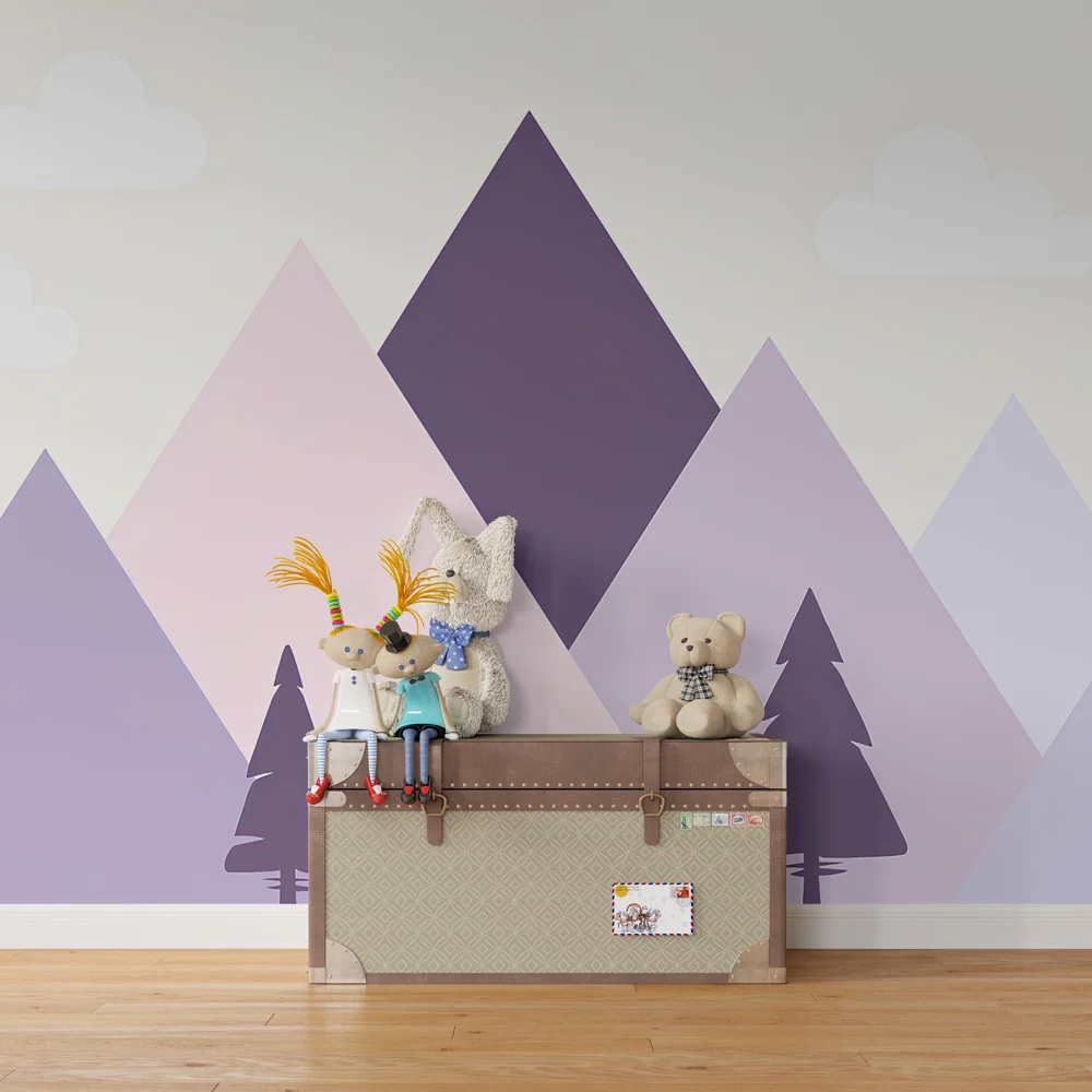 Papel de parede crianç | Montanhas pastel e pinheiros