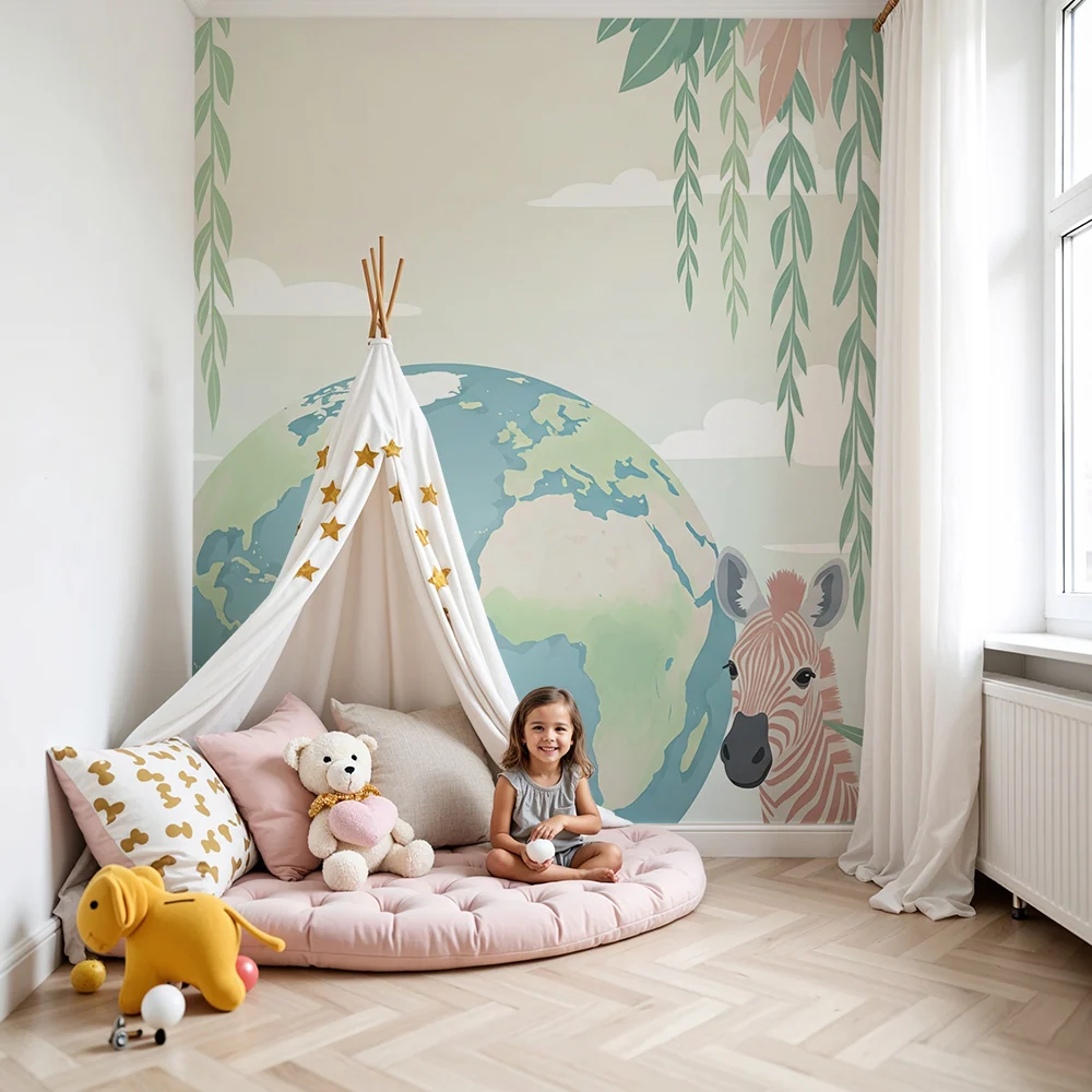 Papel de parede crianç | Mundo colorido com uma girafa e folhagem tropical