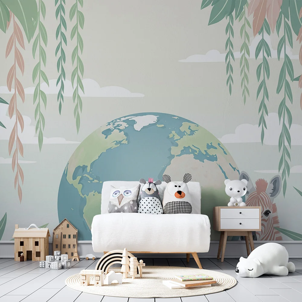 Papel de parede crianç | Mundo colorido com uma girafa e folhagem tropical