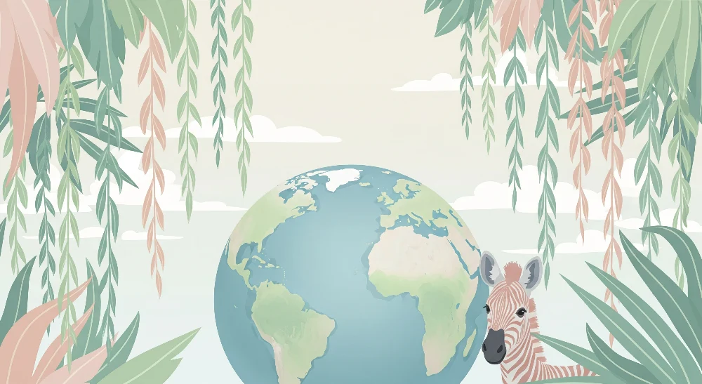 Papel de parede crianç | Mundo colorido com uma girafa e folhagem tropical