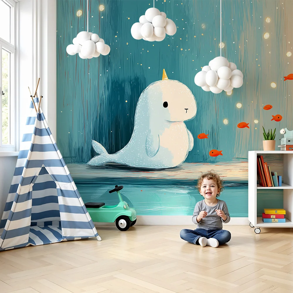 Papel de parede crianç | Narval bonito e peixes vermelhos em um universo aquático