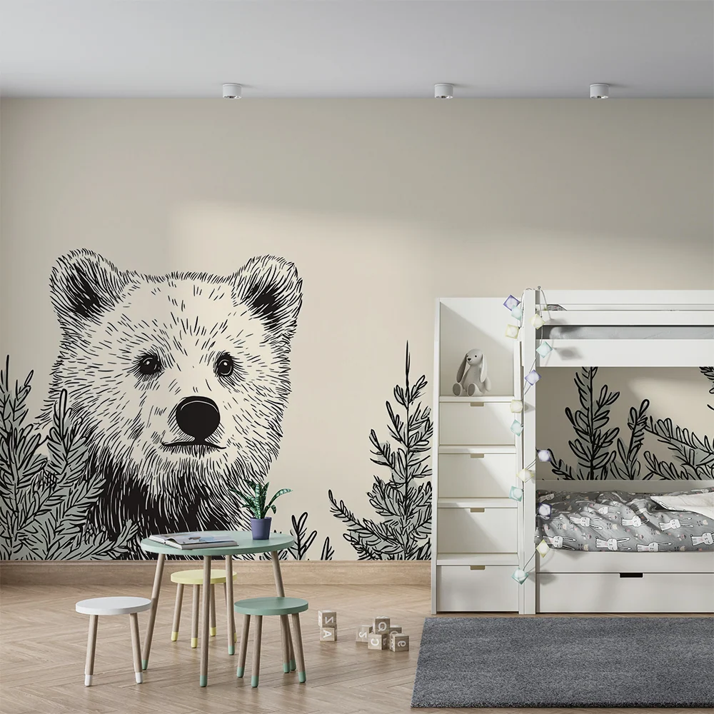 Papel de parede crianç | Nosso urso curioso no meio dos pinheiros