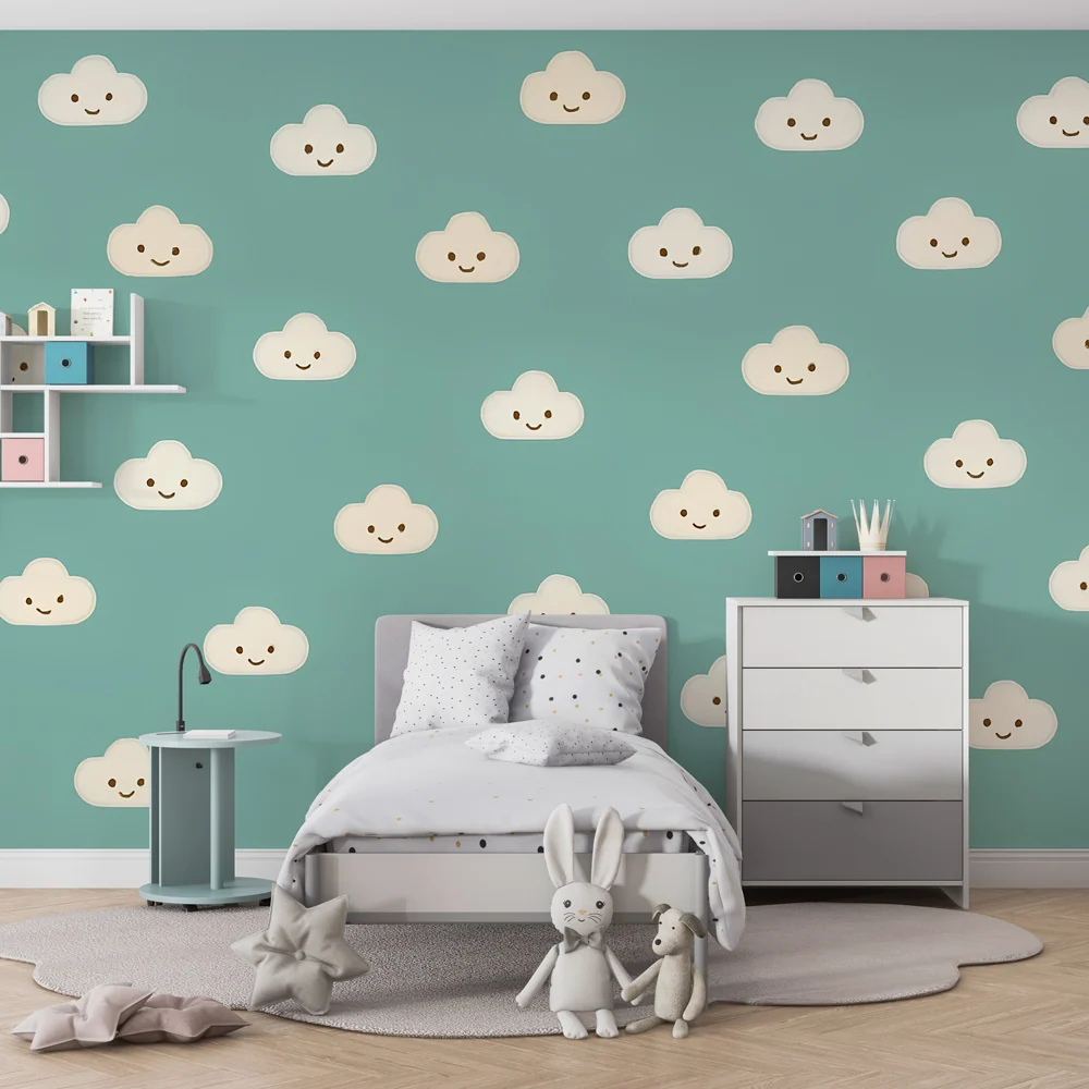 Papel de parede crianç | Nuvens sorridentes em fundo turquesa