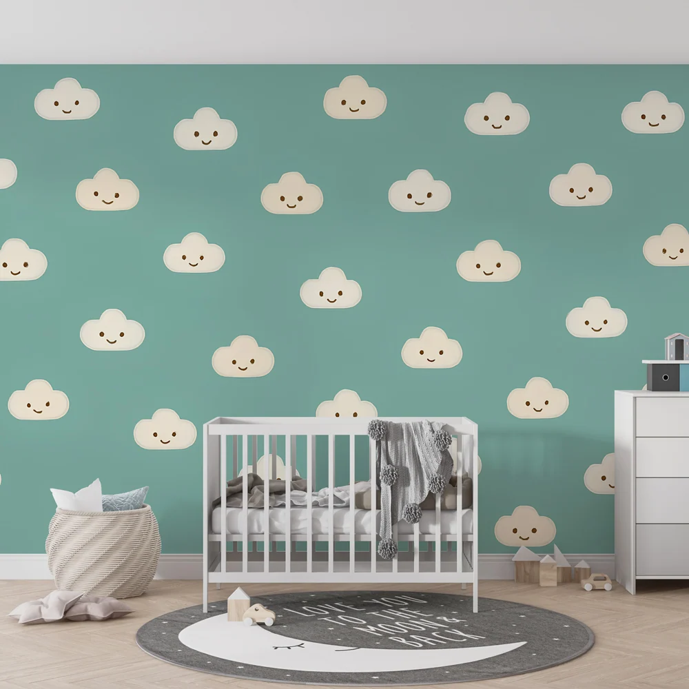 Papel de parede crianç | Nuvens sorridentes em fundo turquesa