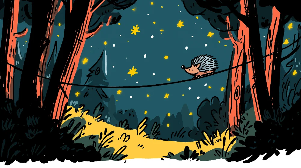 Papel de parede crianç | Ouriço aventureiro sob um céu estrelado