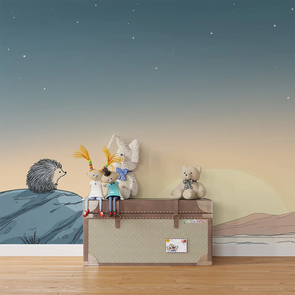 Papel de parede crianç | Ouriço contemplativo sob um céu estrelado