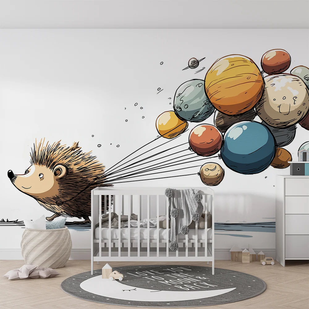 Papel de parede crianç | Ouriço feliz puxando planetas coloridos