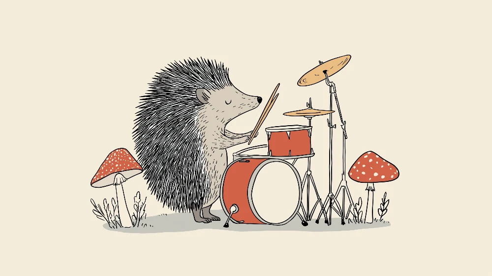 Papel de parede crianç | Ouriço músico com bateria e cogumelos coloridos