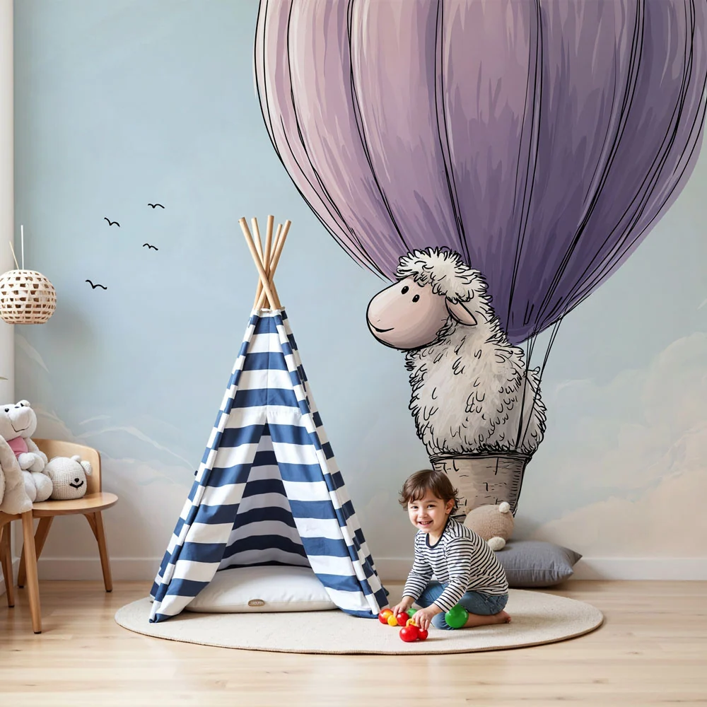 Papel de parede crianç | Ovelha em um balão dirigível
