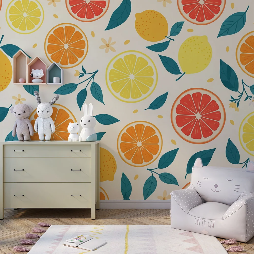 Papel de parede crianç | Padrões de frutas coloridas com citrinos e folhagem