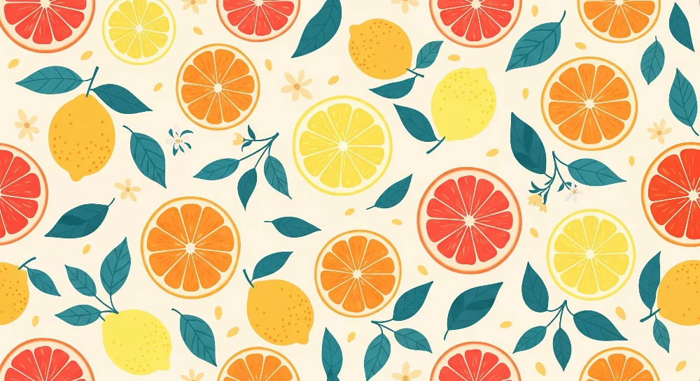 Papel de parede crianç | Padrões de frutas coloridas com citrinos e folhagem