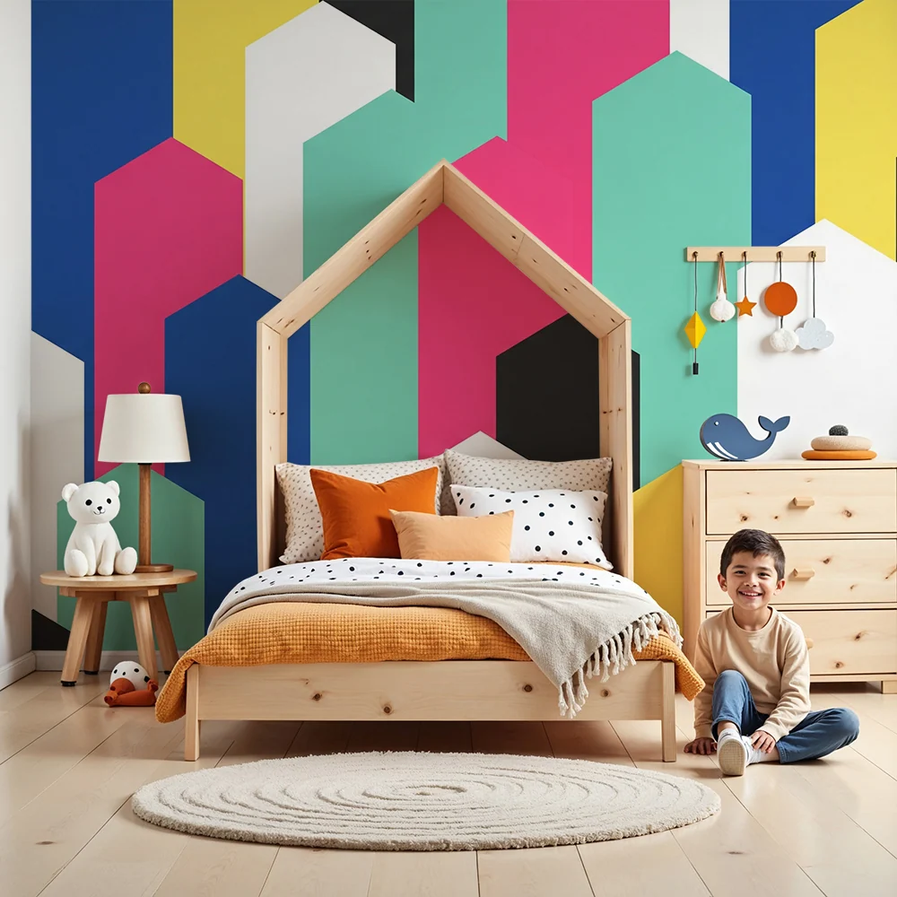 Papel de parede crianç | Padrões geométricos coloridos com hexágonos vibrantes