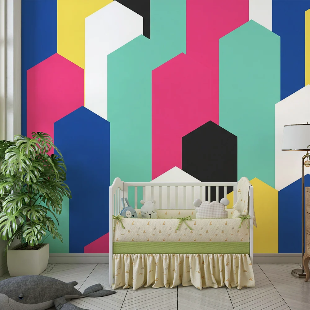 Papel de parede crianç | Padrões geométricos coloridos com hexágonos vibrantes