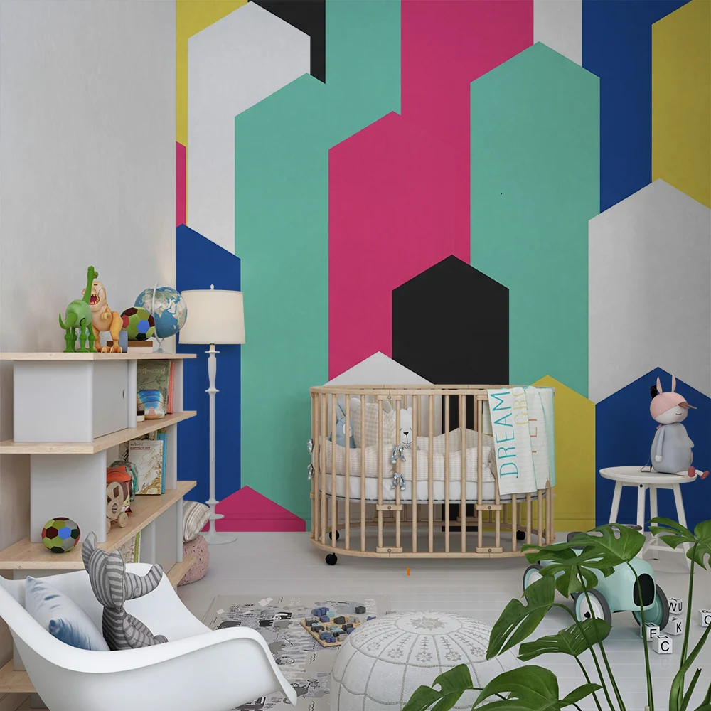 Papel de parede crianç | Padrões geométricos coloridos com hexágonos vibrantes