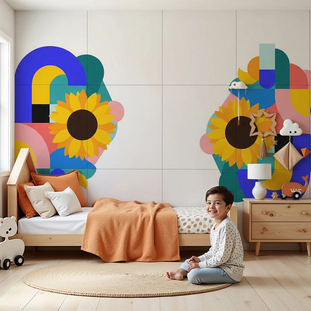 Papel de parede crianç | Padrões geométricos coloridos com girassóis brilhantes