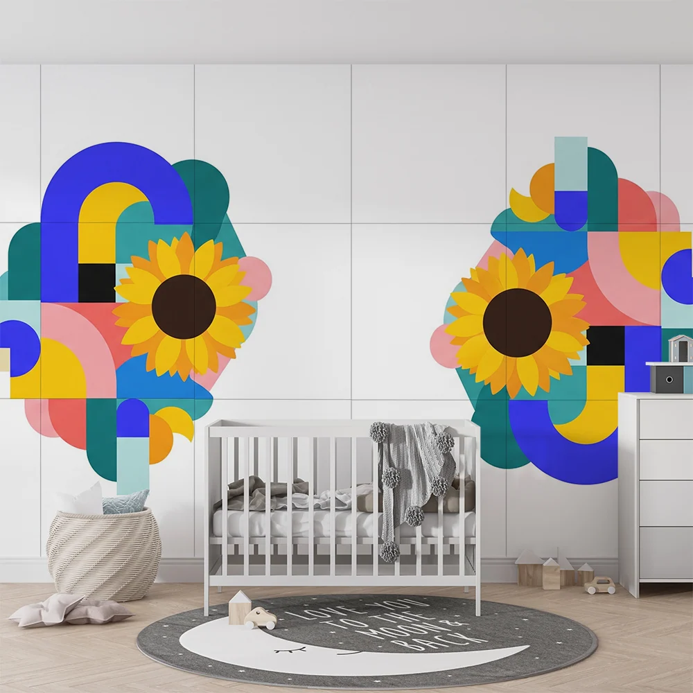 Papel de parede crianç | Padrões geométricos coloridos com girassóis brilhantes