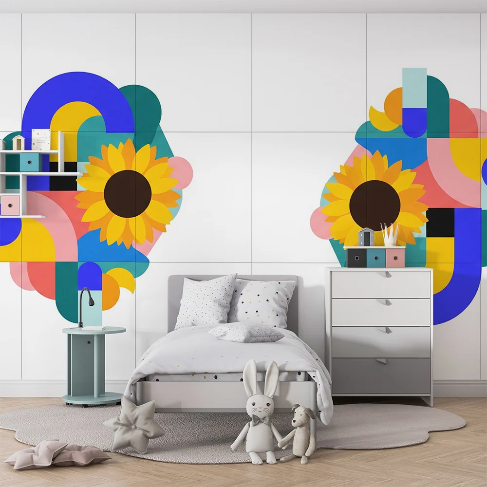 Papel de parede crianç | Padrões geométricos coloridos com girassóis brilhantes