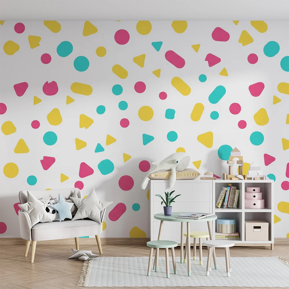 Papel de parede crianç | Padrões geométricos tricolores em fundo branco