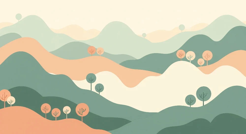 Papel de parede crianç | Paisagem abstrata com colinas suaves e árvores coloridas