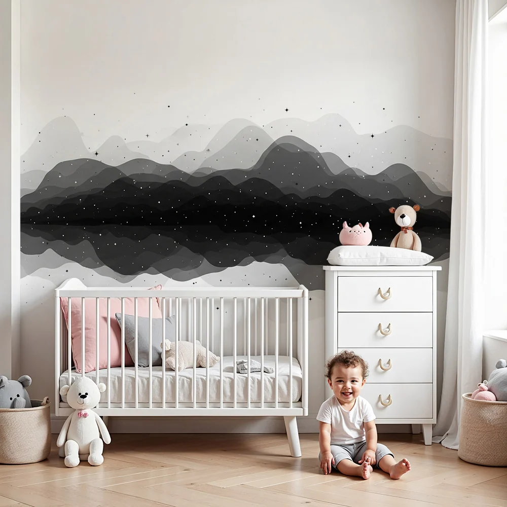 Papel de parede crianç | Paisagem abstrata em preto e branco com estrelas brilhantes