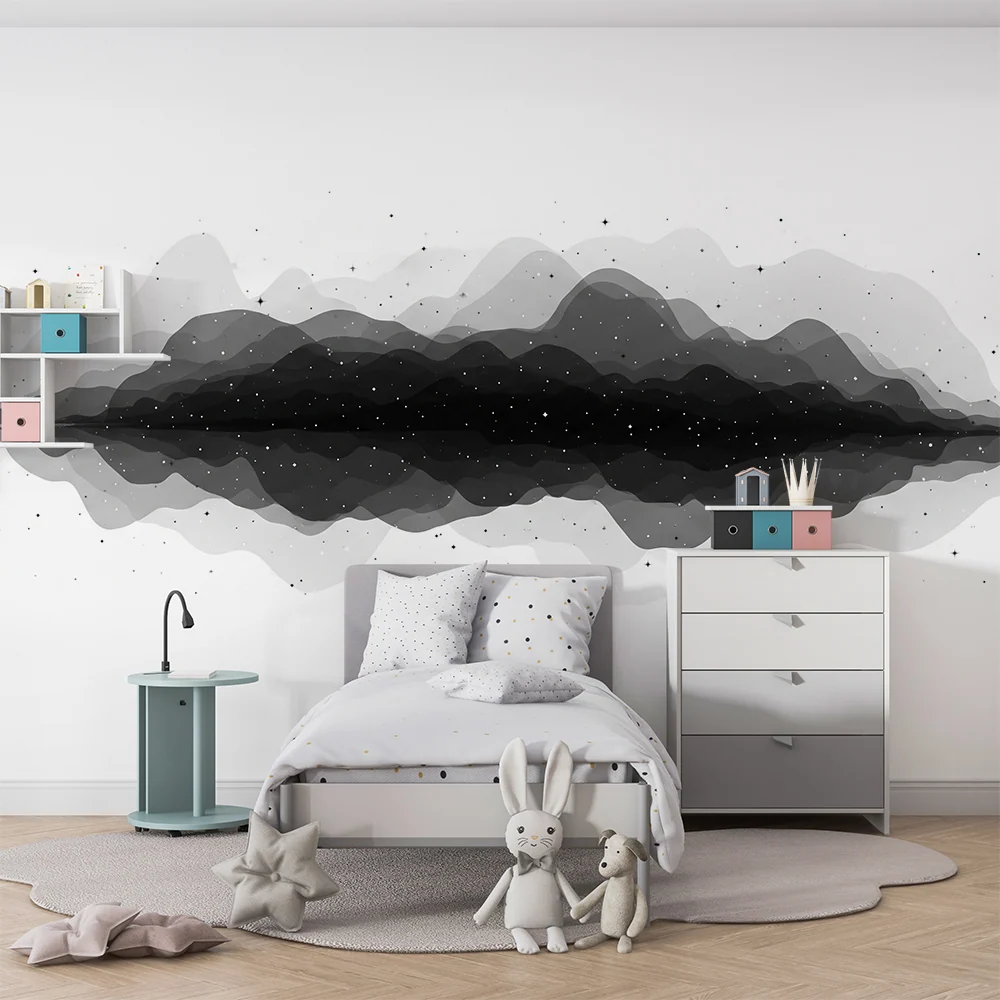 Papel de parede crianç | Paisagem abstrata em preto e branco com estrelas brilhantes