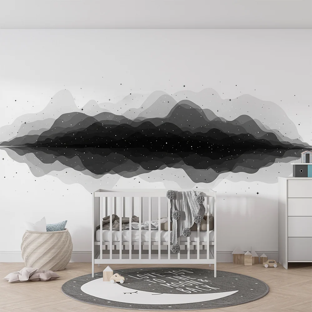 Papel de parede crianç | Paisagem abstrata em preto e branco com estrelas brilhantes