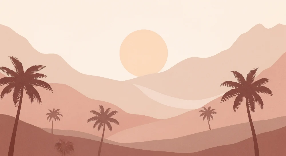 Papel de parede crianç | Paisagem bege e terracota com palmeiras e sol poente