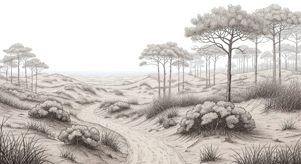 Papel de parede crianç | Paisagem costeira tranquila com dunas e pinheiros