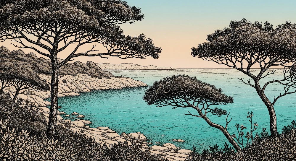 Papel de parede crianç | Paisagem costeira tranquila com árvores e mar turquesa