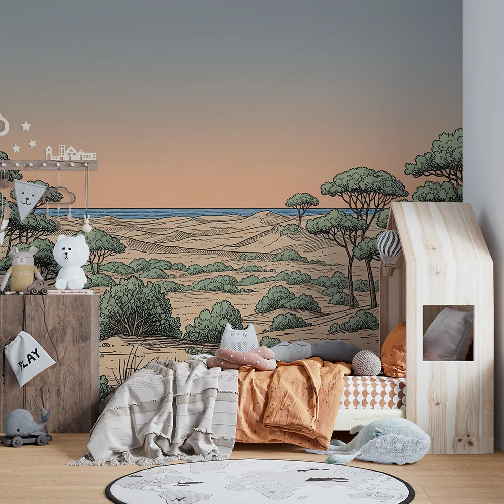 Papel de parede crianç | Paisagem desértica com árvores e oceano