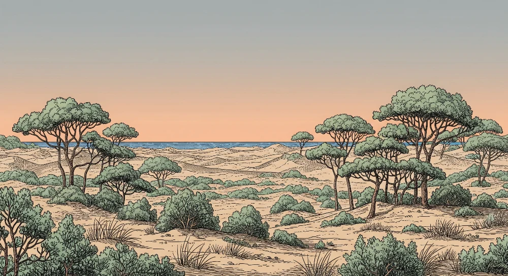 Papel de parede crianç | Paisagem desértica com árvores e oceano